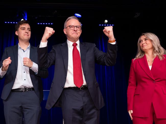 Australian Prime Minister Anthony Albanese with partner Jodie Haydon and son Nathan Albanese. Picture: Jason Edwards / NewsWire