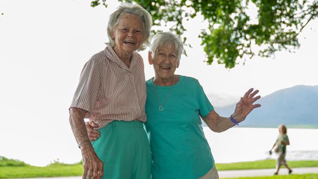 Odette Rankine and Erica Hofler enjoy the Sunshine during their Bocce match on the Esplanade on Tuesday Morning. Picture Emily Barker.