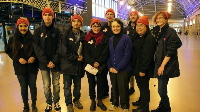 The FACS team with Ms Goward ahead of riding 10:47pm train to interview homeless people. Picture: Christian Gilles