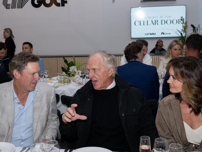 LIV Golf CEO Greg Norman and wife Kirsten with David Evans at the Cellar Door dinner. Picture: Jon Ferrey/LIV Golf