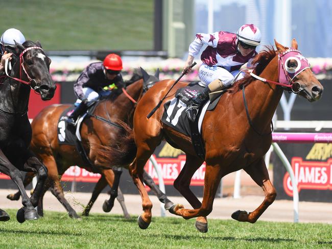 MELBOURNE, AUSTRALIA - NOVEMBER 09:  Damian Lane riding Another Coldie defeats John Allen riding Night's Watch in Race 4, Melbourne Cup Carnival Country Final on 2017 Oaks Day at Flemington Racecourse on November 9, 2017 in Melbourne, Australia.  (Photo by Vince Caligiuri/Getty Images)