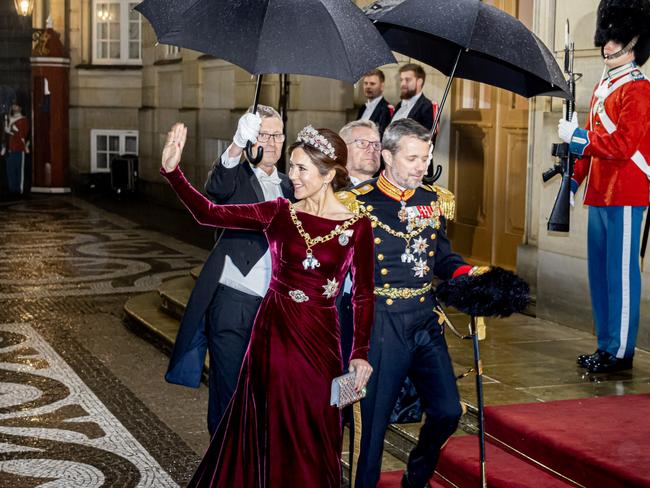 COPENHAGEN, DENMARK - JANUARY 1: Crown Princess Mary of Denmark and Crown Prince Frederik of Denmark arrive at Amalienborg Palace for the traditional new year reception on January 1, 2024 in Copenhagen, Denmark. (Photo by Patrick van Katwijk/Getty Images)