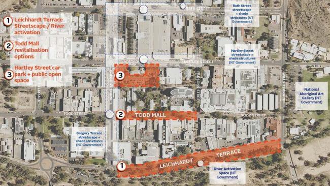 Three urban renewal precincts under Alice Springs Town Council's Regenerating the Alice Town Centre plan. Picture: Jensen PLUS