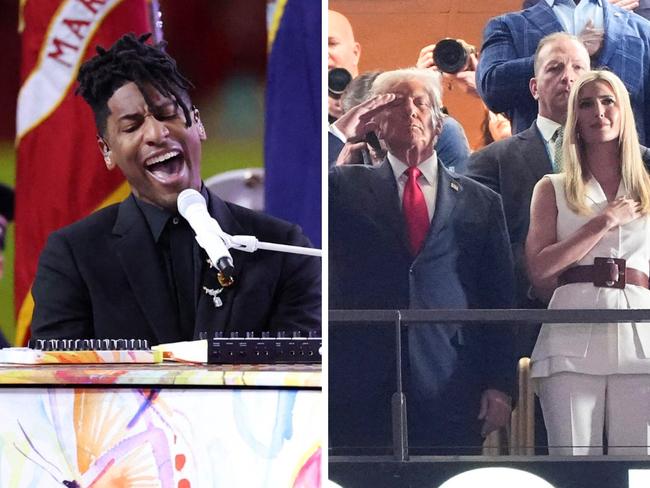 Jon Batiste as Donald Trump watches on. Photo: Getty.