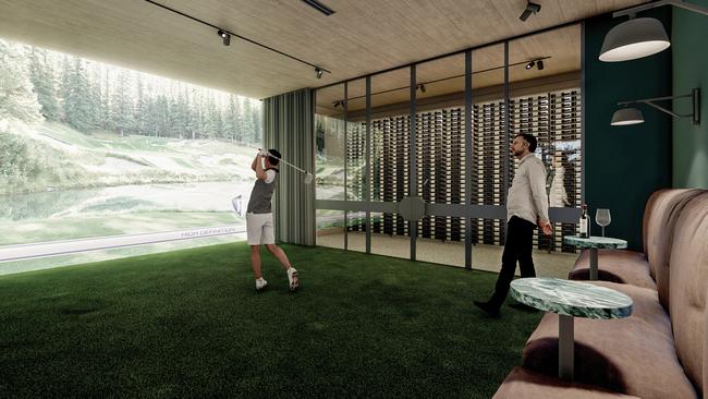 A render of a golf driving range simulator, alongside a wine cellar, is being installed in a house in Red Hill. Picture: Shaun Lockyer Architects