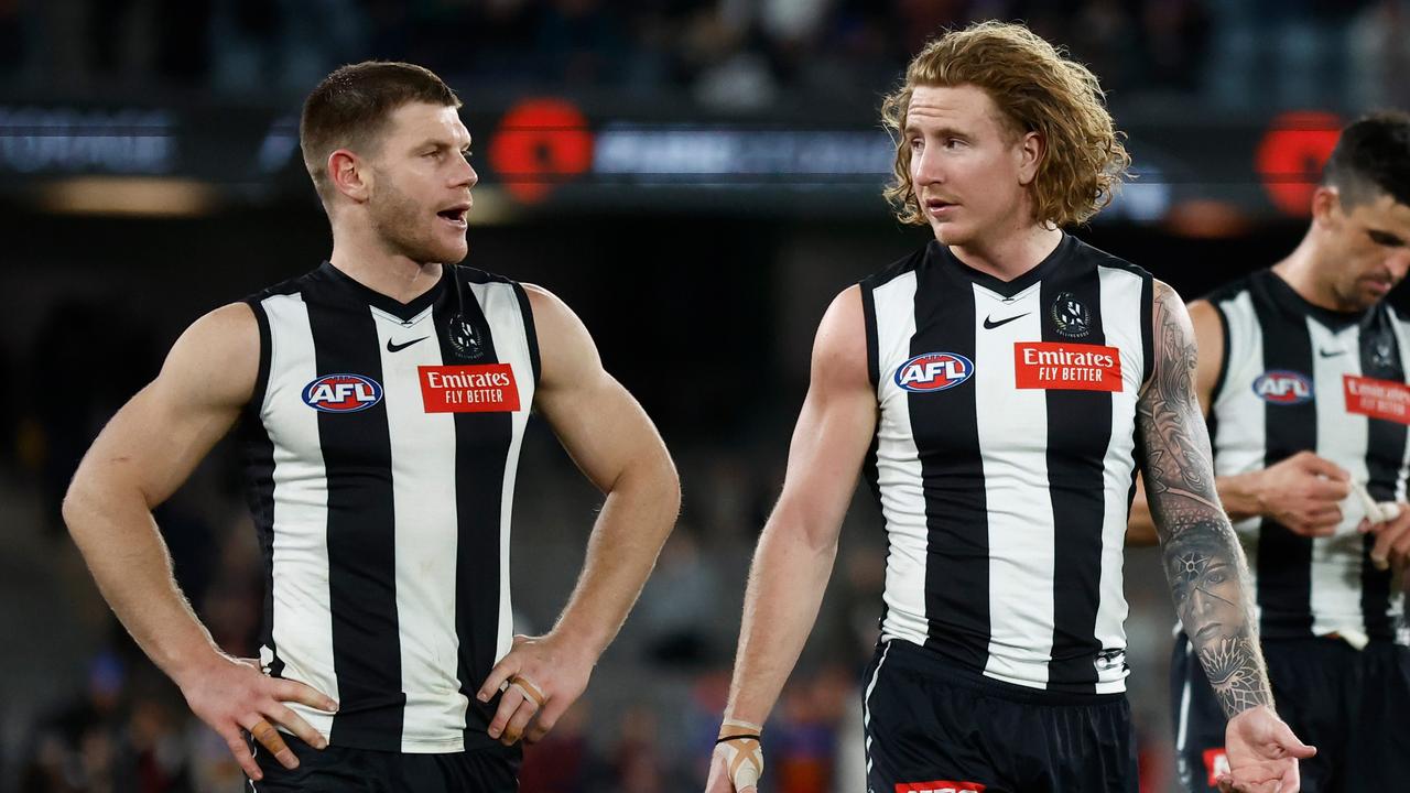 Beau McCreery (right) may be in hot water for sling tackle on Friday night. Picture: Michael Willson/AFL Photos via Getty Images