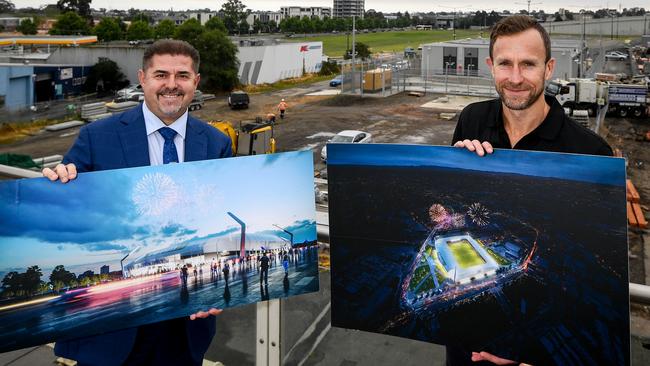 Greater Dandenong counsellor Jim Memeti and Team 11 ambassador Clint Bolton present the south-east A-League bid. Picture: Penny Stephens