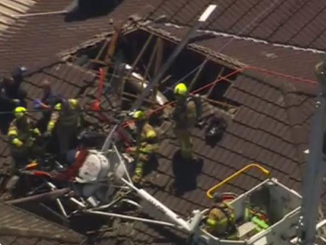 A helicopter has crashed into the roof of a house in Mentone , Picture: Ch 9 news