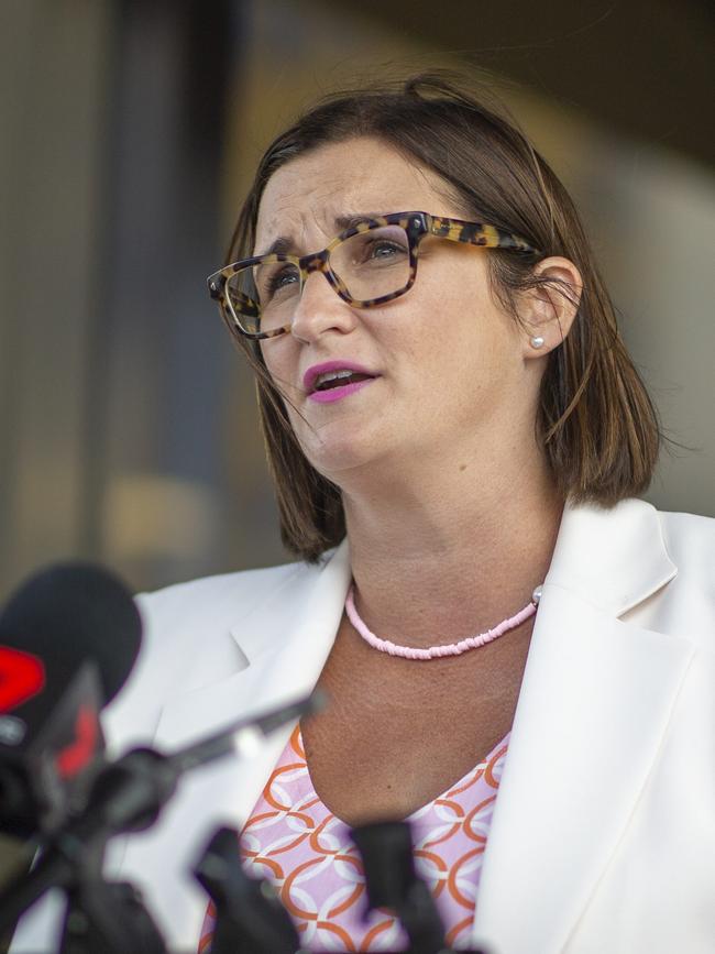 NSW Minister for Education and Early Learning Sarah Mitchell provides an update on the first week back at school from Campbelltown Hospital. Picture: Christian Gilles