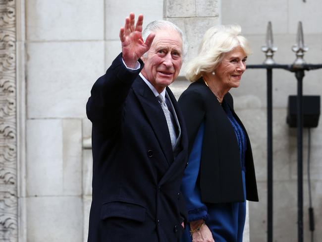 King Charles leaving The London Clinic with Queen Camilla by his side. Picture: Getty Images