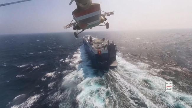 Houthi rebels take over the Galaxy Leader Cargo ship in the Red Sea in November. Picture: Getty Images