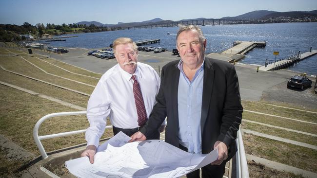 $2.3 billion precinct-scale urban renewal project, including roofed AFL stadium, for Hobart. Stakeholder relations Paul Lennon and Managing Director of Stadia Precinct Consortia Dean Coleman at Macquarie Point. Picture: Chris Kidd