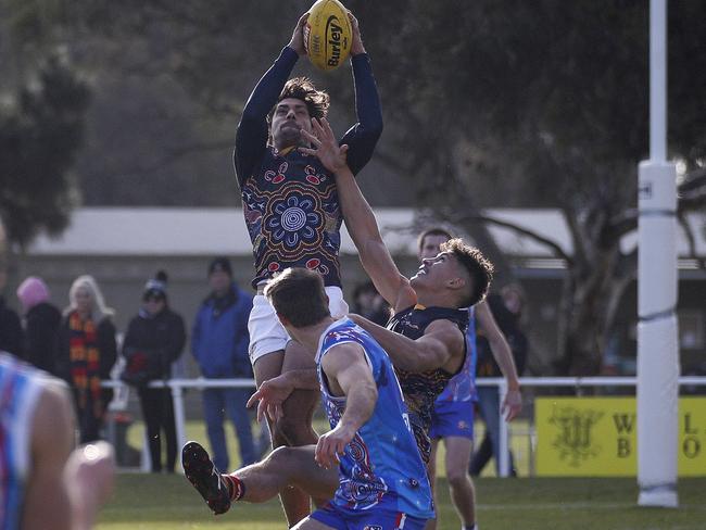 SANFL round 12 – First Nations Round – Saturday, July 8 2023: Adelaide Crows forward Shane McAdam rakes a strong contested mark in the Adelaide Crows big SANFL win over Central District in the regional game at Nurioopta Oval in the Barossa Valley. Picture: Peter Argent