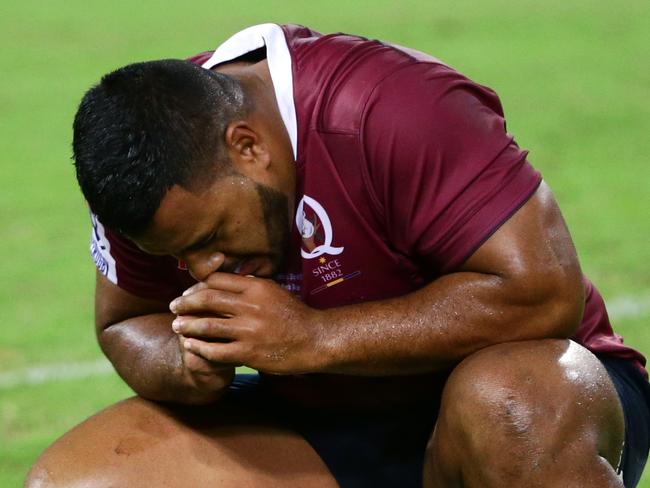 Taniela Tupou of the Reds dejected after losing the Super Rugby game between the Queensland Reds and the NSW Waratahs. Pic Darren England.