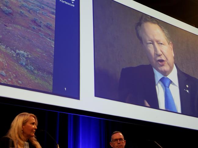 11/11/2020CEO Elizabeth Gaines listens as Andrew Forrest speaks from overseas at Fortescue Metals AGM in Perth Convention Centre.Pic Colin Murty the Australian