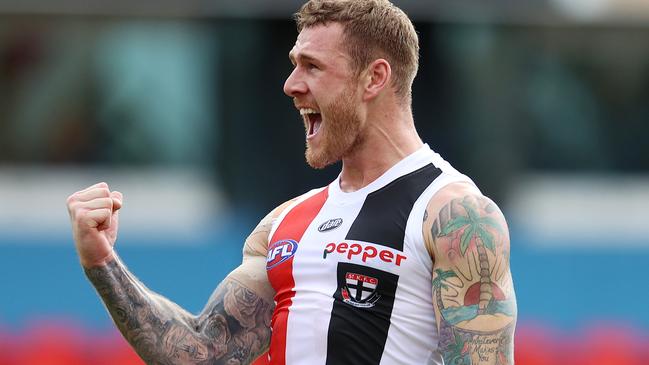 Tim Membrey celebrates a goal for the Saints. Picture: Michael Klein