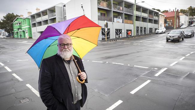 HCC Councillor Bill Harvey in front of affordable housing above a council owned car park on the corner of Liverpool and Barrack Street, Hobart. Picture: Chris Kidd