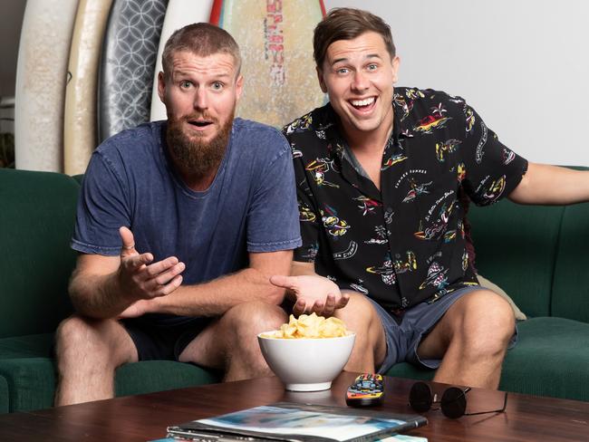 Surfing TV’s up … Gold Coast surfer boys Milo and Nic replace Adam and Symon on Gogglebox Australia. Picture: Supplied/Foxtel