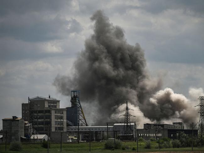 Smoke and dirt ascends after a strike at a factory in the city of Soledar at the eastern Ukranian region of Donbas. Picture: AFP
