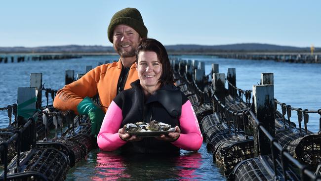 Gazander Oysters owners Carly and Steve Thomson working one of their leases in Coffin Bay on the Eyre Peninsula.