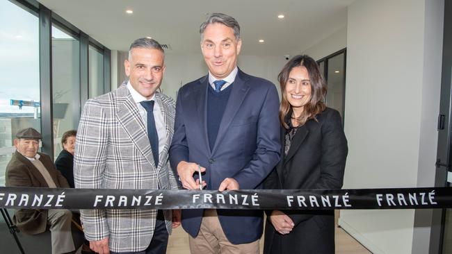 Deputy Prime Minister Richard Marles cuts the ribbon to open Geelong Quarter with developer Paul Franze and wife Susan. Picture: Brad Fleet