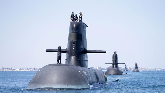 Collins Class submarines HMAS Collins, HMAS Farncomb, HMAS Dechaineux and HMAS Sheean in formation while transiting through Cockburn Sound, Western Australia. Picture: Royal Australian Navy