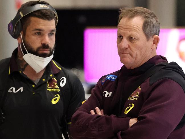 Adam Reynolds and coach Kevin Walters, Brisbane Broncos returning from Sydney after  St George end their 2022 season, Brisbane Airport. Picture: Liam Kidston