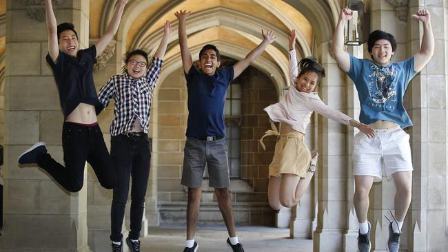 Some of the VCE students that scored 99.95: Victor Li 17, Anna Sing 17, Gabin Soosaipillai 18, Anne Pham 17 and Timothy Wang 18. Picture: David Caird