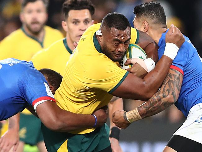 Sekope Kepu is tackled during the Wallabies’ warm-up match against Samoa.