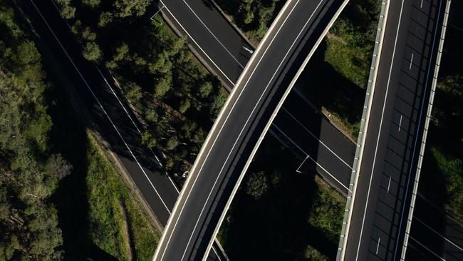 Empty lanes at the junction of the M4 Western Motorway and the Westlink M7 at Light Horse interchange. Picture: Getty Images