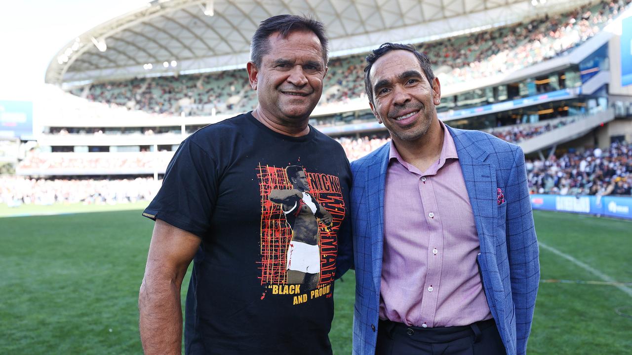 Former AFL star Eddie Betts (right) alongside Nicky Winmar on the 30th anniversary of Winmar’s stand against racism. Pic: Michael Klein