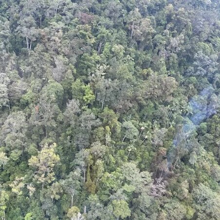 Smoke rising from the thick tree coverage of a mountain range north of Netherdale where it is understood a plane crashed on Saturday, October 28, 2023. Picture: RACQ CQ Rescue