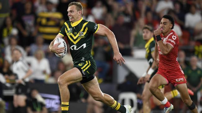 Trbojevic settled any nerves with a long-range try in Australia’s first game against Tonga last month. Picture: NRL Photos