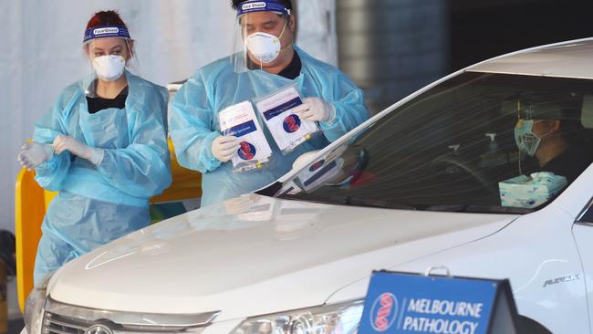 A drive-through testing centre in Broadmeadows, Melbourne, on Wednesday. Picture: Aaron Francis