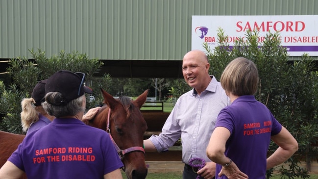 Peter Dutton at Samford Riding for the Disabled, which will score a new toilet block if the LNP is re-elected.