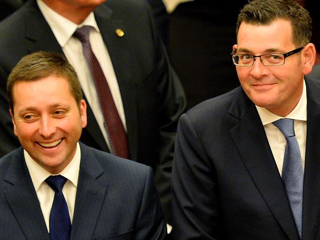 Opening of the 58th Victorian Parliament Tuesday 23 December 2014: Opposition Leader Matthew Guy , Premier Daniel Andrews,  Dep Premier James Merlino and  New Victorian Speaker Telmo languiller. Picture: Martin Reddy Heraldsun/Pool