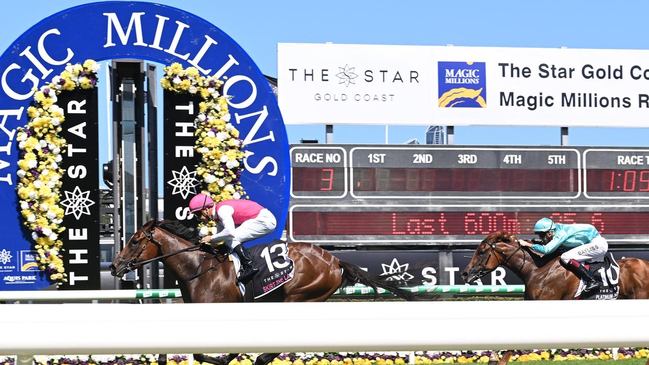 Skirt The Law wins the rich Magic Millions 2YO Classic for trainer Tony Gollan and jockey Ryan Maloney. Picture: Grant Peters - Trackside Photography