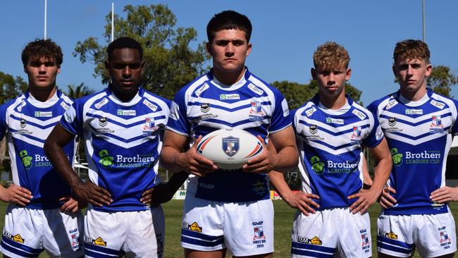 Ignatius Park College players ahead of the 2024 Confraternity carnival. Left to right: Lincoln Baker, Bruce Baudu, Sitiveni Afu, Khynaan Kennedy, Patrick Krause. Picture: Patrick Woods.