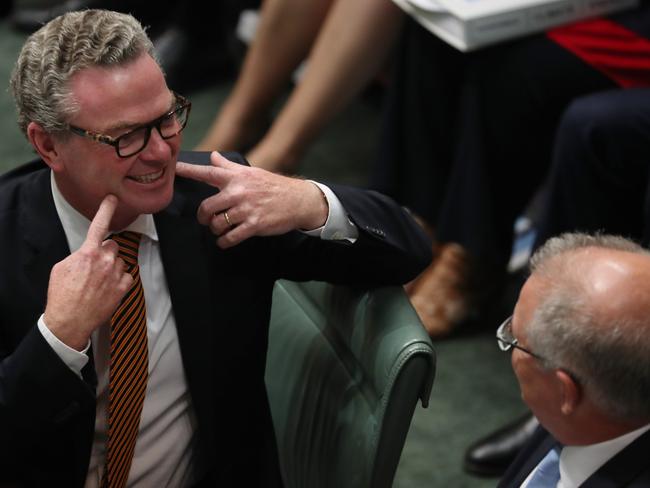 Christopher Pyne with Scott Morrison The Prime Minister during Question Time in the House of Representatives in Parliament House Canberra.Picture Gary Ramage