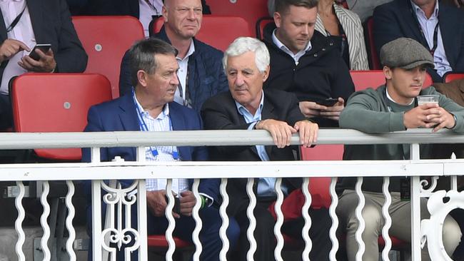 A pair of former England skippers, Graham Gooch and Mike Brearley, watch from the old pavilion on day three. Picture: Getty Images