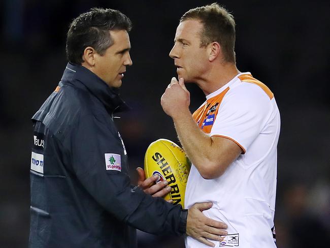 GWS Giants Steve Johnson with coach Leon Cameron.