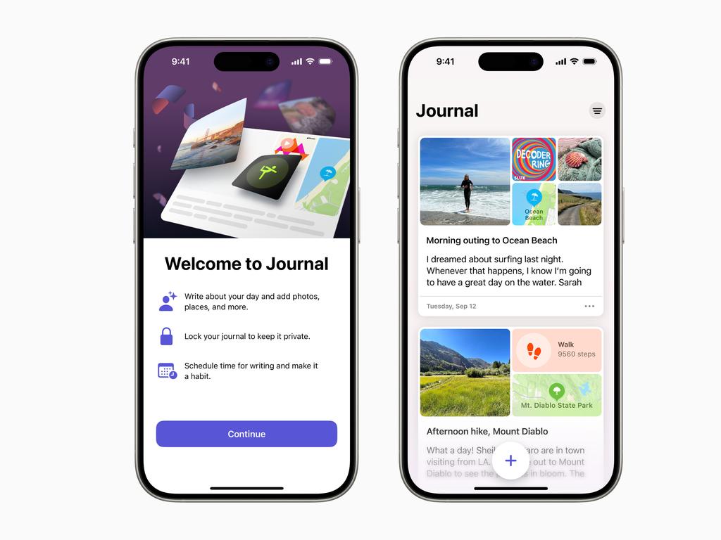 Journal, a new iPhone app that helps users reflect on everyday moments and special events in their lives, uses on-device machine learning to create personalised suggestions to inspire a user’s journal entries. Picture: Apple