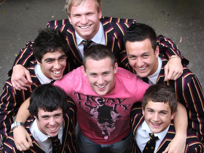 Footballer and Haileybury College year 12 student Tom Scully, who might be the number one pick in the AFL draft, at Haileybury College in Keysborough. Tom with some of his Haileybury football team mates Emilio, Luke, Joel, Daniel and Chris.