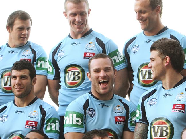 Dean Young (C) has a laugh with Blues teammates during NSW State of Origin team photo shoot at the Crowne Plaza Hotel, Coogee in Sydney ahead of Game One of series against Queensland in Brisbane.