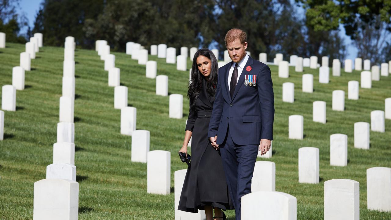 The Duke and Duchess of Sussex had a professional photographer with them when they laid a wreath at Los Angeles National Cemetery on Remembrance Sunday in 2020. Picture: Lee Morgan/Handout via Getty Images