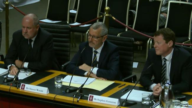 Mr Richard Royle, Dr Simon Woods and Mr Stephen Cameron at the Northern Beaches Hospital Inquiry