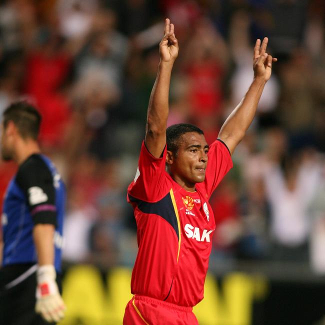 Former Adelaide United striker Romario celebrates his only goal for the Reds