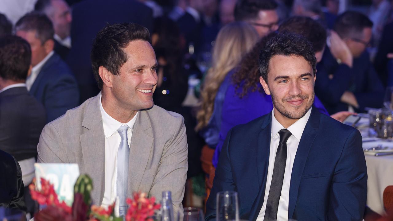 Gavin Wanganeen with Shane Edwards at a Gather Round function. Picture: Dylan Burns/AFL Photos via Getty Images