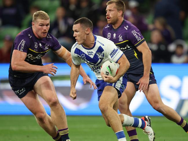 MELBOURNE, AUSTRALIA - APRIL 12: Connor Tracey of the Bulldogs runs with the ball during the round six NRL match between Melbourne Storm and Canterbury Bulldogs at AAMI Park, on April 12, 2024, in Melbourne, Australia. (Photo by Robert Cianflone/Getty Images)