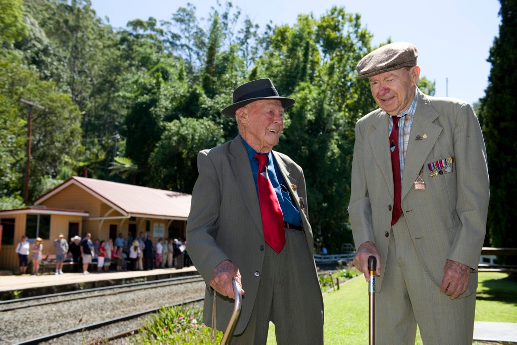 25th Battalion vets Bert Miles (left) and Kevin Olsen at the rememberance at Spring Bluff Railway, Sunday, March 17, 2013. Photo Kevin Farmer / The Chronicle. Picture: Kevin Farmer